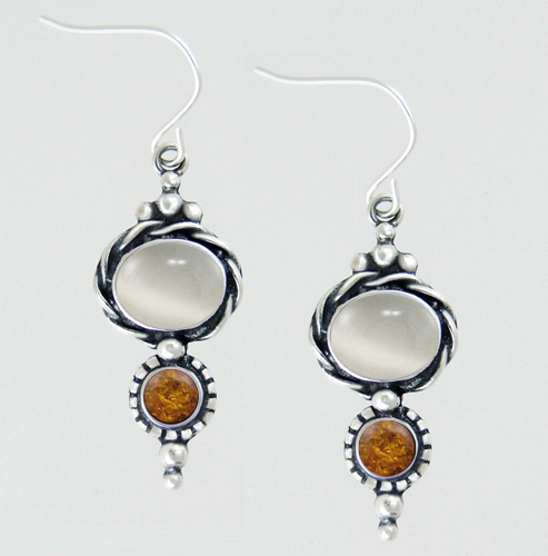 Sterling Silver Drop Dangle Earrings With White Moonstone And Amber
